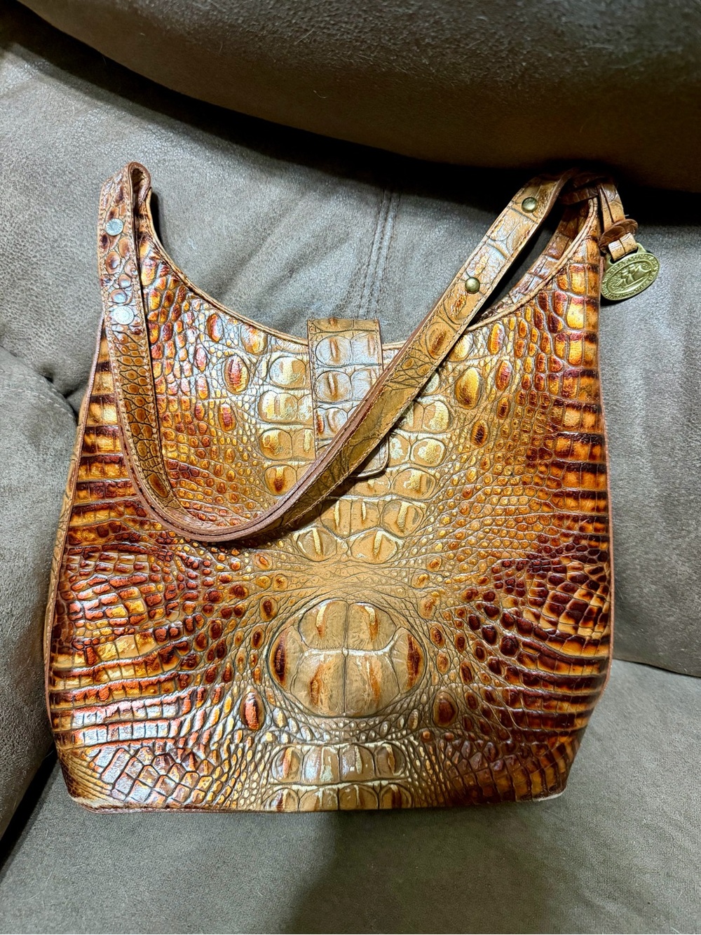 Vintage Brahmin Embossed Croc-Pattern Brown Leather Shoulder Bag